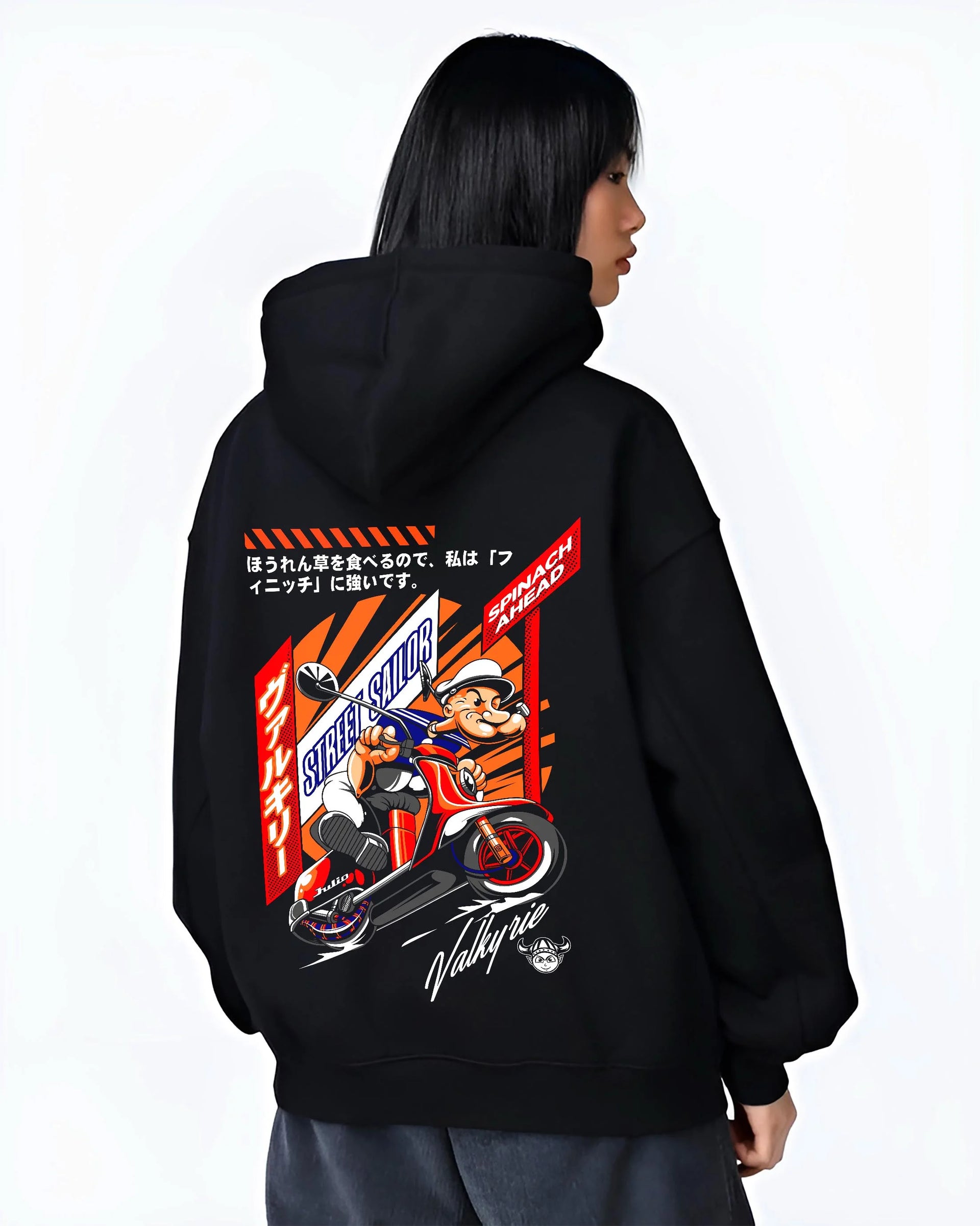 Black hoodie worn by a female model, back view, featuring street retro racing performance motorsport automotive enthusiast popeye.