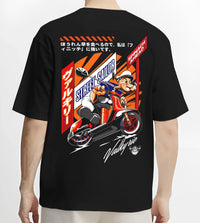 Black T-shirt worn by a male model, back view, featuring street retro racing performance motorsport automotive enthusiast popeye.