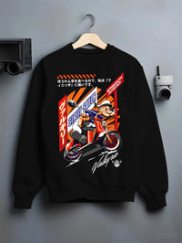 Black crewneck sweatshirt on a hanger against a grey wall, featuring street retro racing performance motorsport automotive popeye.