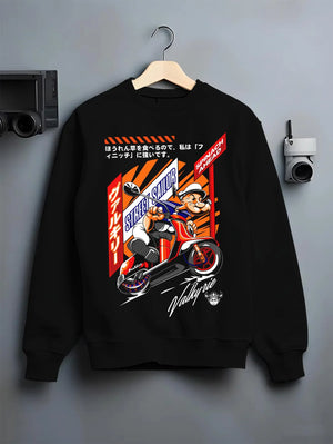 Black crewneck sweatshirt on a hanger against a grey wall, featuring street retro racing performance motorsport automotive popeye.