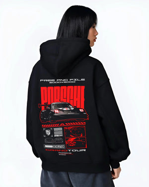 Black hoodie worn by a female model, back view, featuring Porsche rs racing race motorsport german street performance graphic.