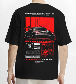 Black T-shirt worn by a male model, back view, featuring Porsche rs racing race motorsport german street performance graphic.