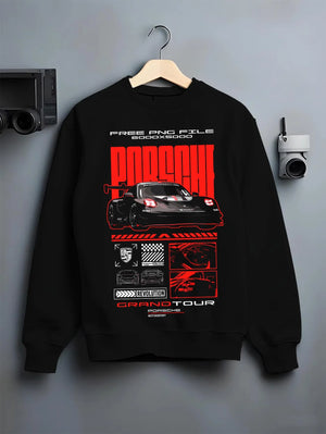 Black crewneck sweatshirt on a hanger against a grey wall, featuring Porsche rs racing race motorsport german street graphic.