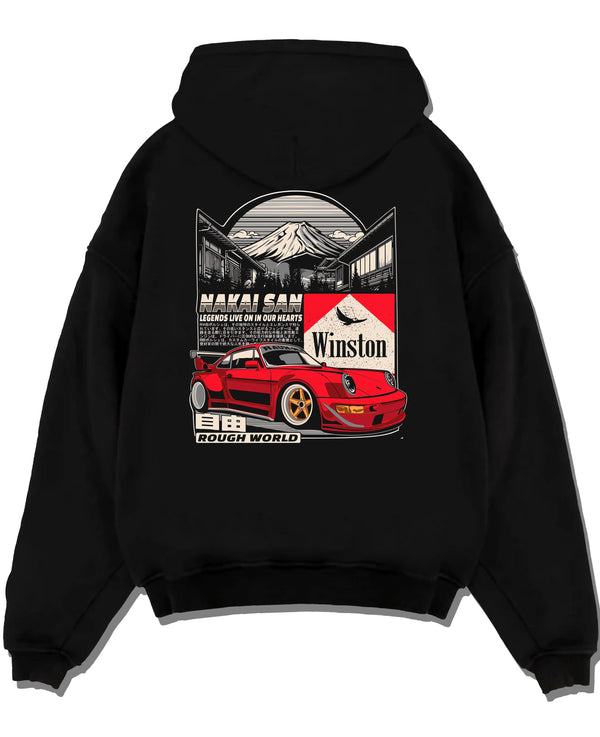 Black pullover hoodie laid flat on a white background, featuring Porsche rs racing jdm euro widebody rwb street graphic.