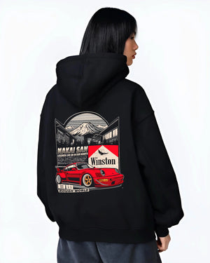 Black hoodie worn by a female model, back view, featuring Porsche rs racing jdm euro widebody rwb street graphic.
