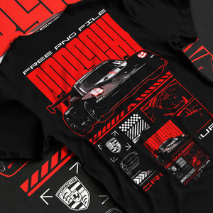 Black T-shirt laid flat with natural fabric folds, featuring Porsche rs racing race motorsport jdm german street graphic.