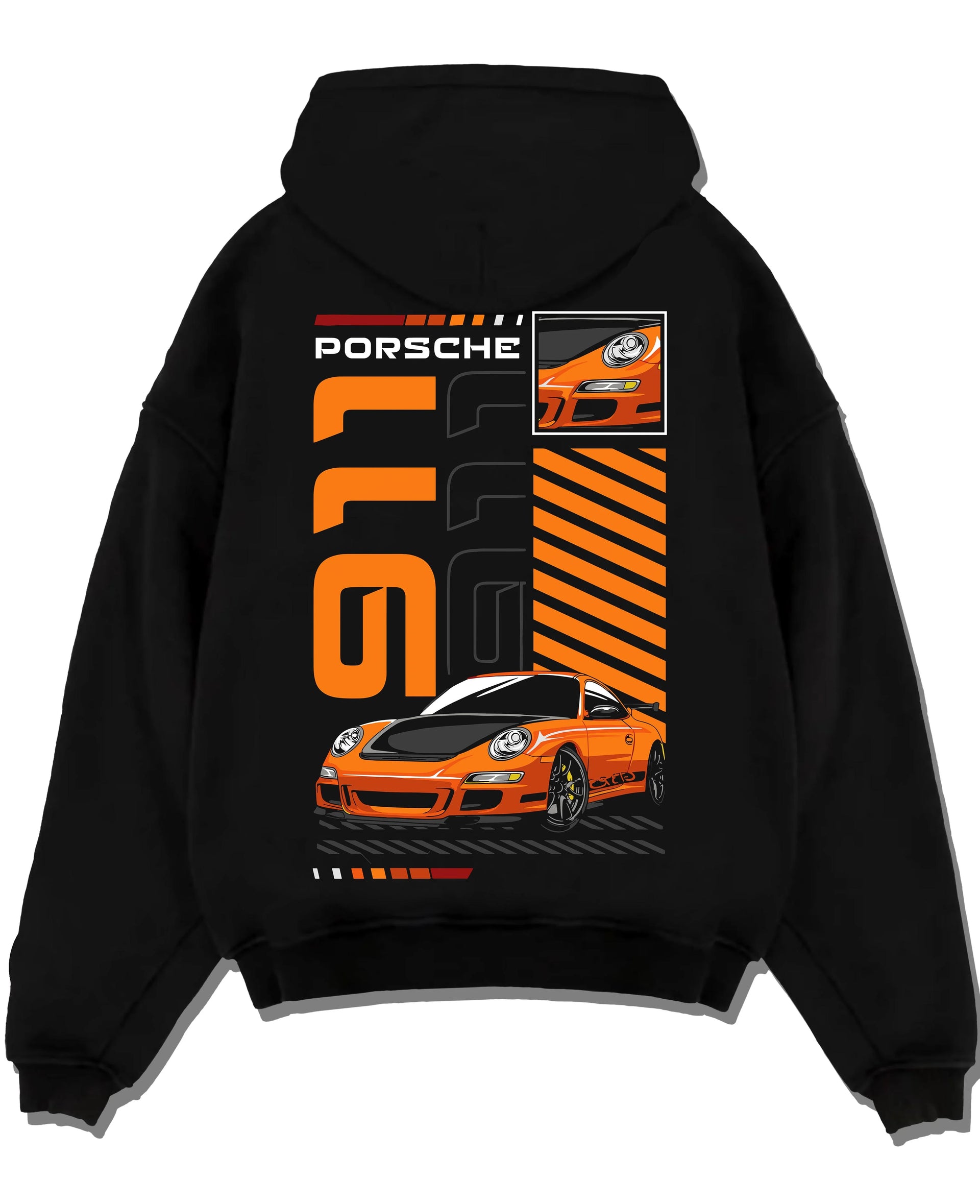 Black pullover hoodie laid flat on a white background, featuring Porsche 911 Turbo rs 911 turbo racing jdm euro street graphic.