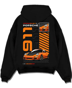 Black pullover hoodie laid flat on a white background, featuring Porsche 911 Turbo rs 911 turbo racing jdm euro street graphic.