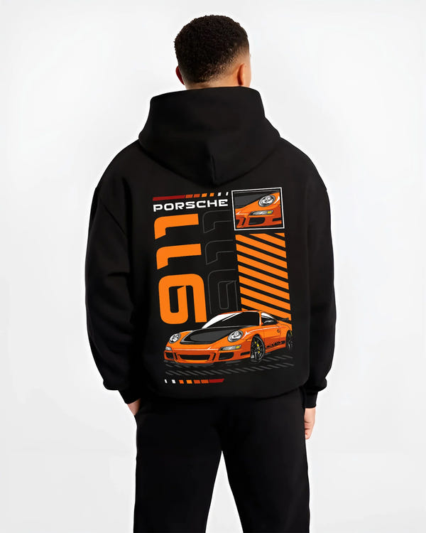 Black hoodie worn by a male model, back view, featuring Porsche 911 Turbo rs 911 turbo racing jdm euro street graphic.