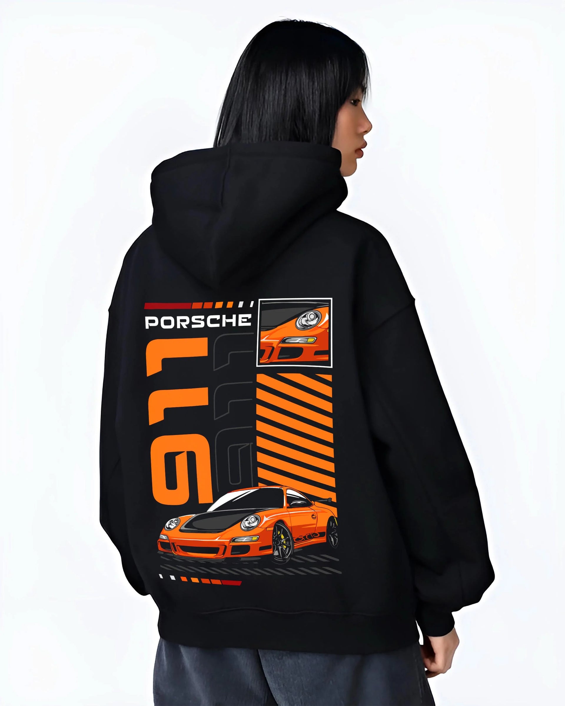 Black hoodie worn by a female model, back view, featuring Porsche 911 Turbo rs 911 turbo racing jdm euro street graphic.