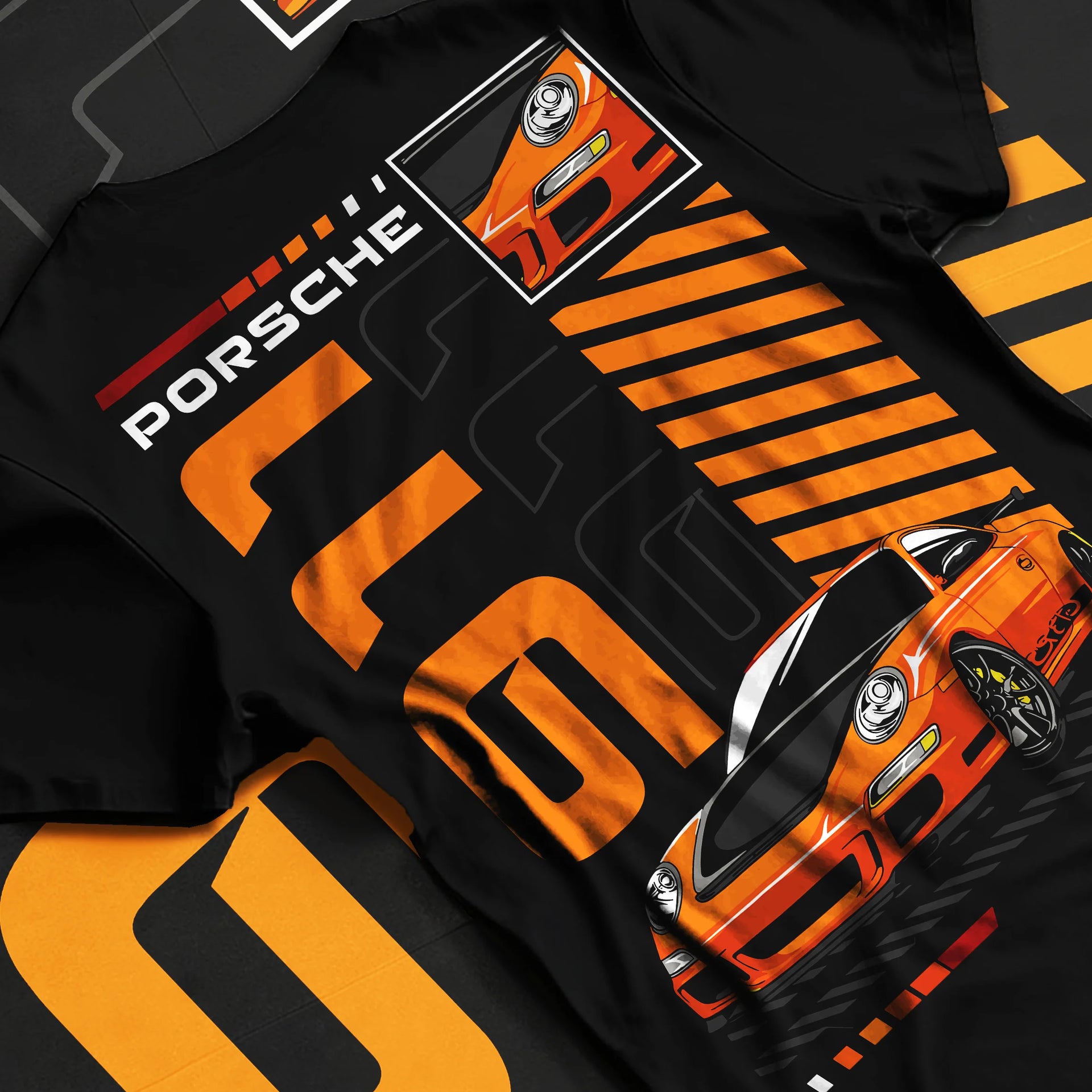 Black T-shirt laid flat with natural fabric folds, featuring Porsche 911 Turbo rs 911 turbo racing jdm euro street graphic.