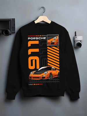 Black crewneck sweatshirt on a hanger against a grey wall, featuring Porsche 911 Turbo rs 911 turbo racing jdm euro street graphic.
