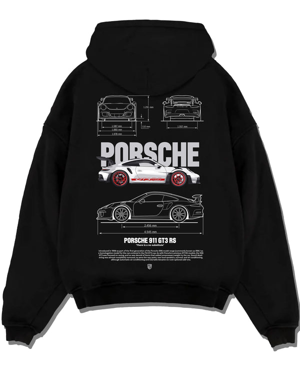 Black pullover hoodie laid flat on a white background, featuring Porsche Panamera rs turbo turbocharged racing german tuner graphic.