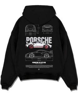 Black pullover hoodie laid flat on a white background, featuring Porsche Panamera rs turbo turbocharged racing german tuner graphic.