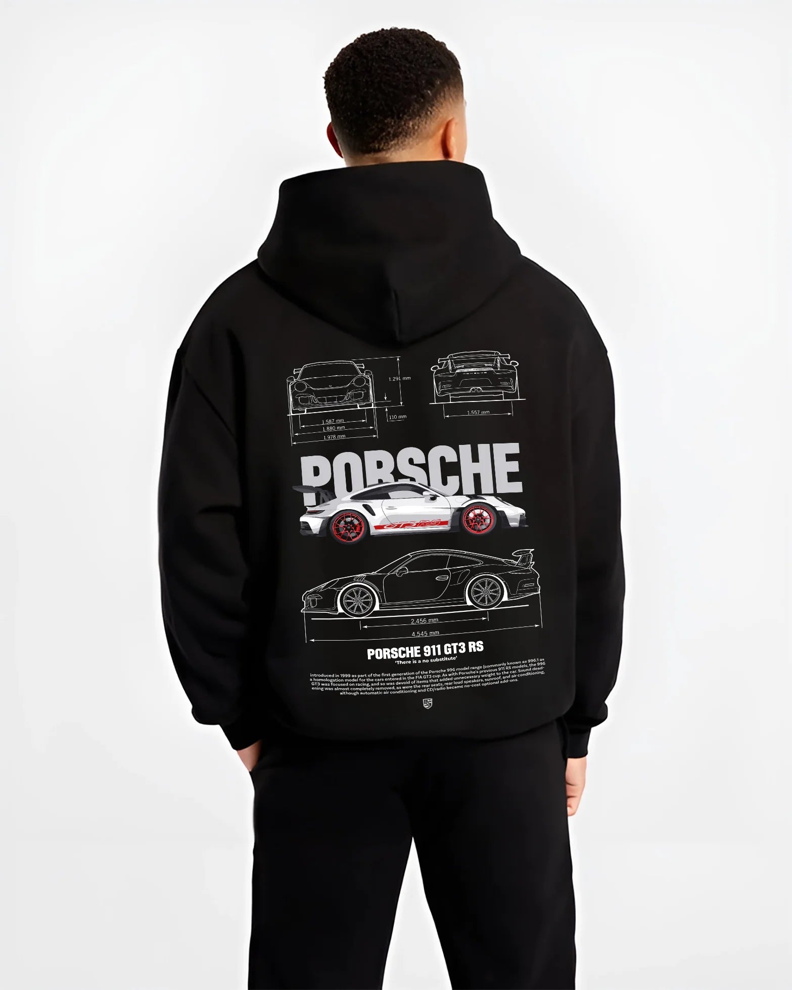 Black hoodie worn by a male model, back view, featuring Porsche Panamera rs turbo turbocharged racing german tuner street graphic.