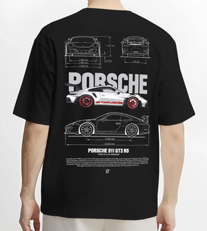 Black T-shirt worn by a male model, back view, featuring Porsche Panamera rs turbo turbocharged racing german tuner street graphic.