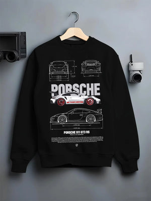 Black crewneck sweatshirt on a hanger against a grey wall, featuring Porsche Panamera rs turbo turbocharged racing german graphic.