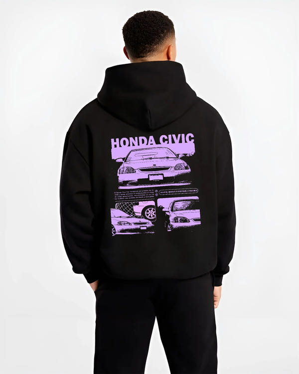 Black hoodie worn by a male model, back view, featuring Honda Prelude rs race motorsport street retro vintage graphic.