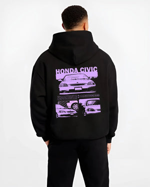 Black hoodie worn by a male model, back view, featuring Honda Prelude rs race motorsport street retro vintage graphic.