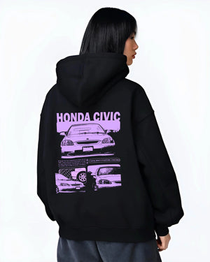 Black hoodie worn by a female model, back view, featuring Honda Prelude rs race motorsport street retro vintage graphic.