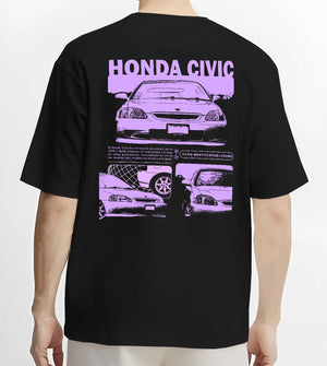 Black T-shirt worn by a male model, back view, featuring Honda Prelude rs race motorsport street retro vintage graphic.
