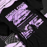 Black T-shirt laid flat with natural fabric folds, featuring Honda Prelude rs race motorsport street retro vintage graphic.