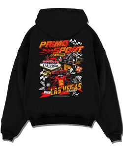 Black pullover hoodie laid flat on a white background, featuring STI rs street racing performance motorsport automotive graphic.