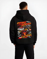 Black hoodie worn by a male model, back view, featuring STI rs street racing performance motorsport automotive enthusiast graphic.