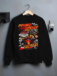 Black crewneck sweatshirt on a hanger against a grey wall, featuring STI rs street racing performance motorsport automotive graphic.