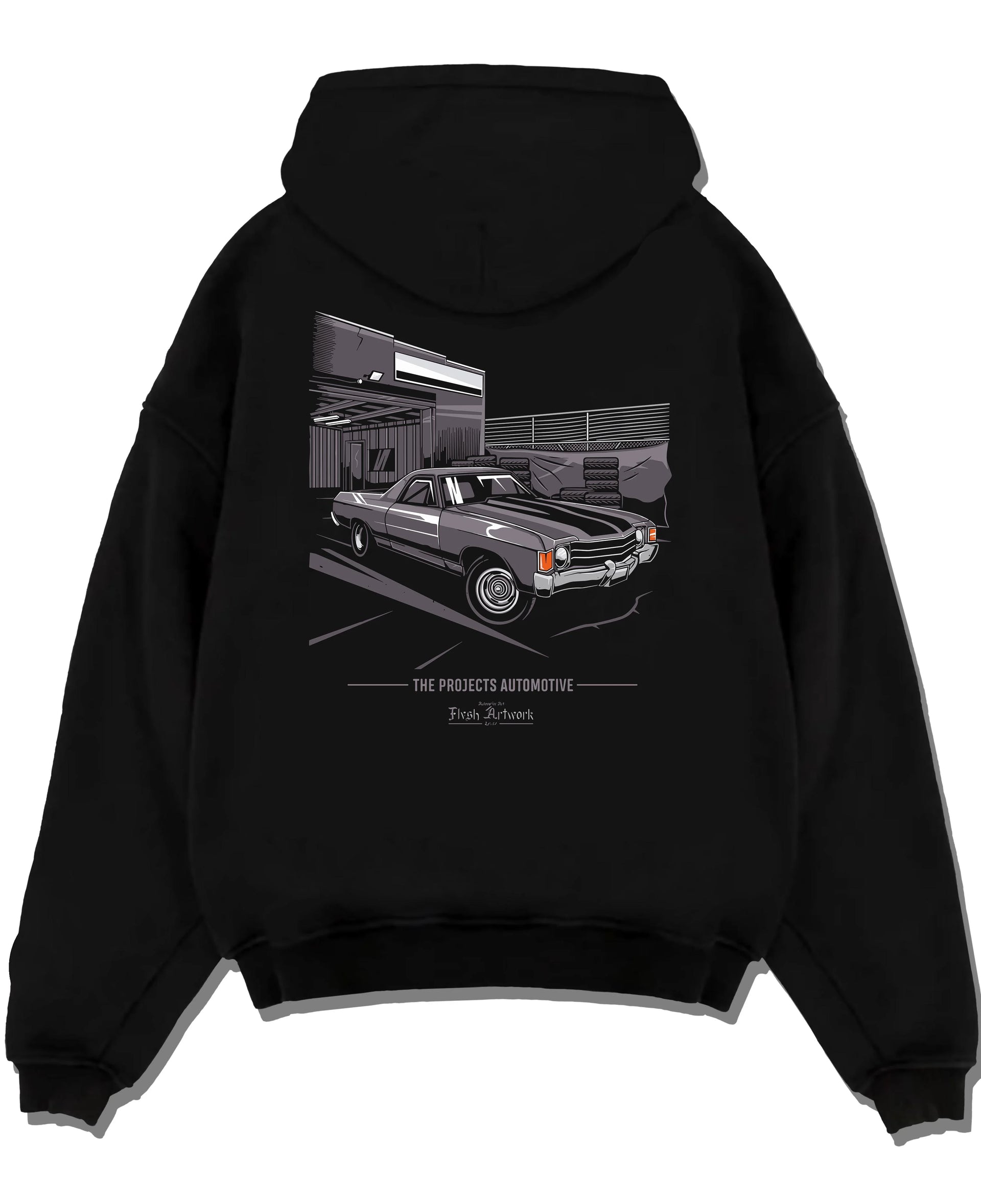 Black pullover hoodie laid flat on a white background, featuring CHEVROLET muscle retro classic enthusiast racing street graphic.