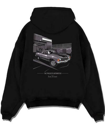 Black pullover hoodie laid flat on a white background, featuring CHEVROLET muscle retro classic enthusiast racing street graphic.