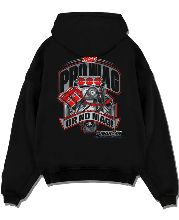 Black pullover hoodie laid flat on a white background, featuring turbo racing drag street performance motorsport automotive graphic.