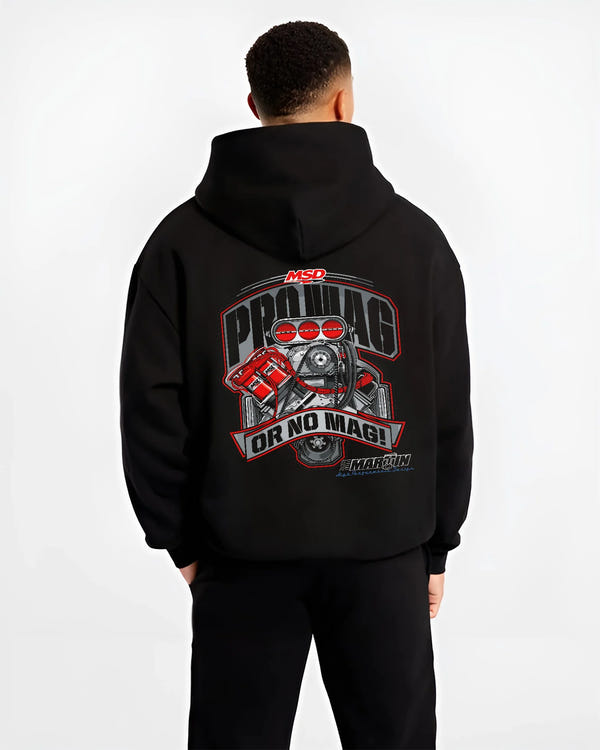 Black hoodie worn by a male model, back view, featuring turbo racing drag street performance motorsport automotive graphic.