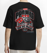 Black T-shirt worn by a male model, back view, featuring turbo racing drag street performance motorsport automotive graphic.