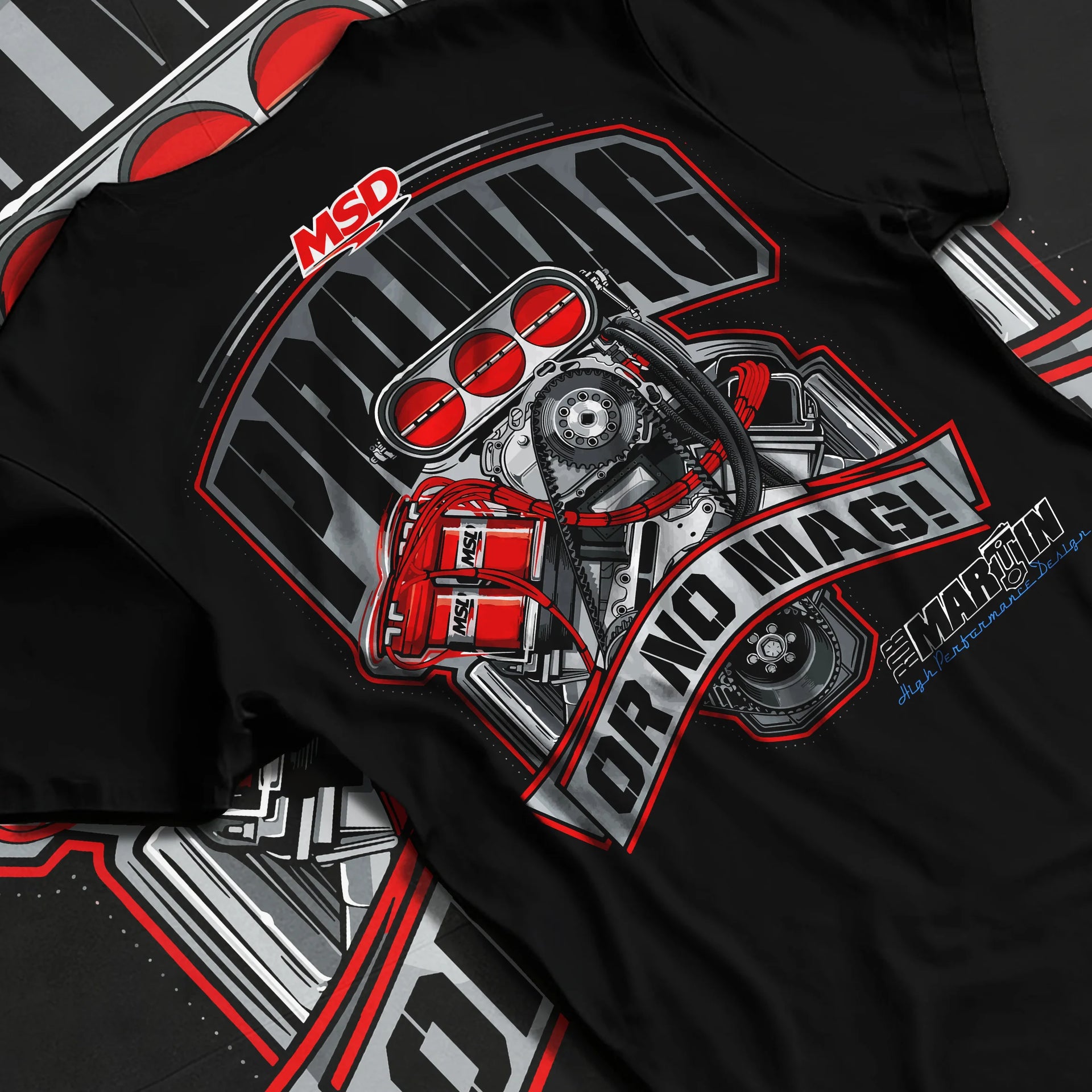 Black T-shirt laid flat with natural fabric folds, featuring turbo racing drag street performance motorsport automotive graphic.