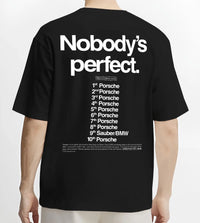 Black T-shirt worn by a male model, back view, featuring Porsche rs racing le mans motorsport street performance automotive graphic.