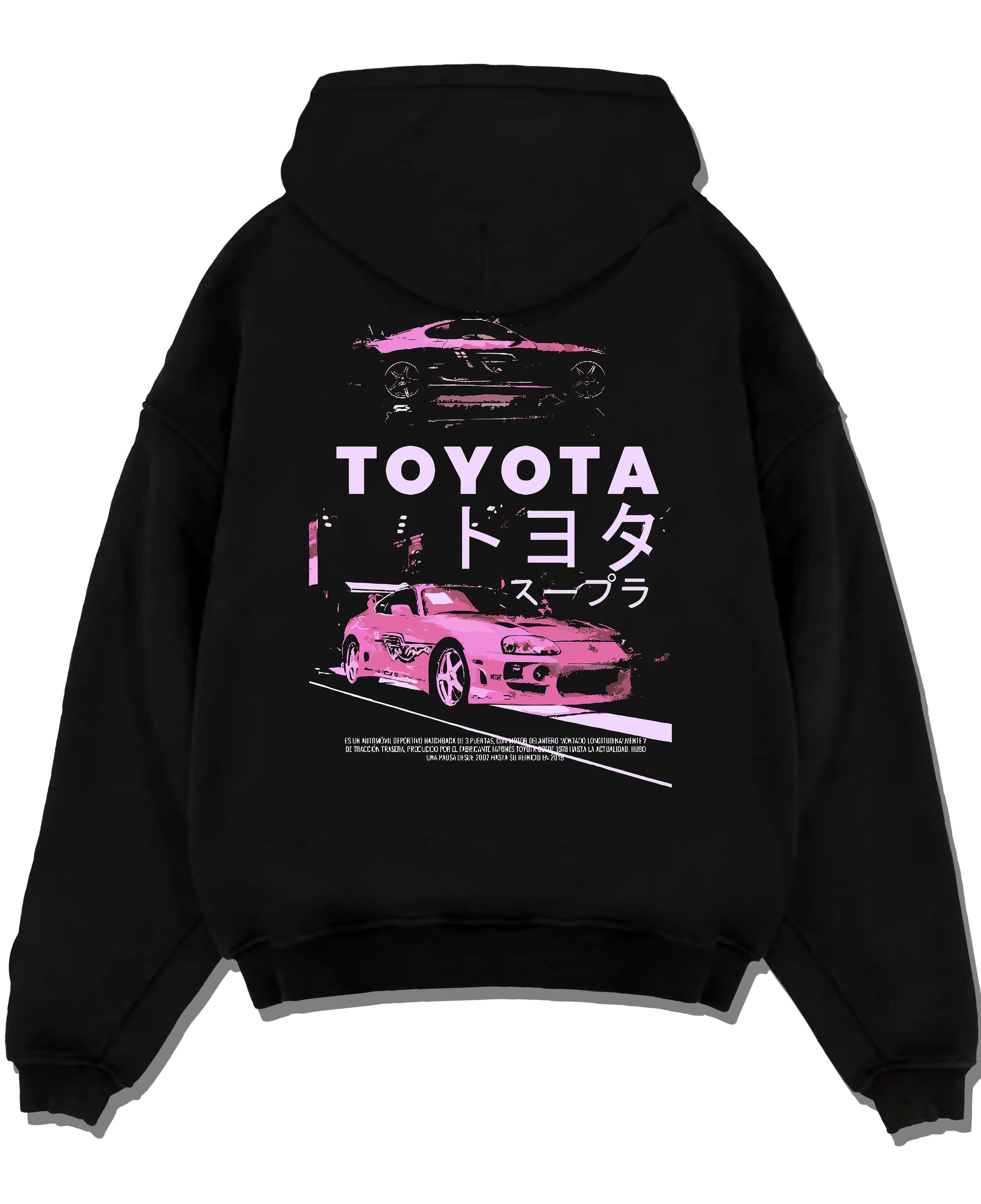 Black pullover hoodie laid flat on a white background, featuring Toyota Supra racing drift jdm japanese tuner street retro graphic.