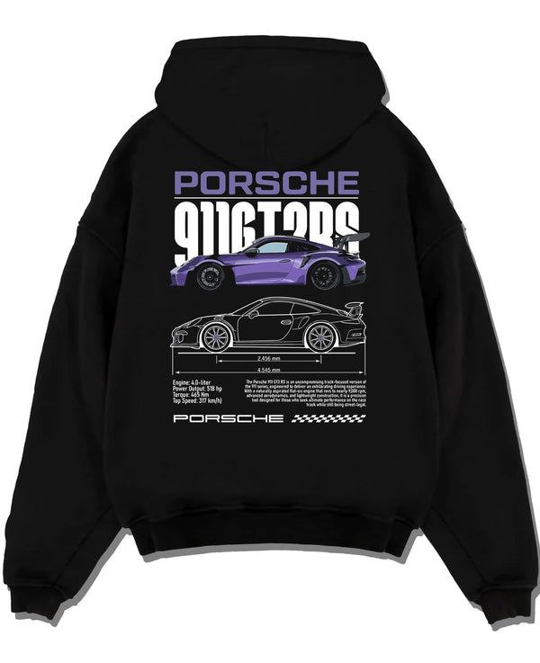 Black pullover hoodie laid flat on a white background, featuring Porsche Taycan rs turbo turbocharged racing german tuner graphic.