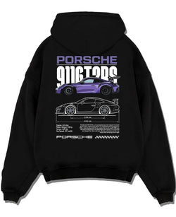 Black pullover hoodie laid flat on a white background, featuring Porsche Taycan rs turbo turbocharged racing german tuner graphic.