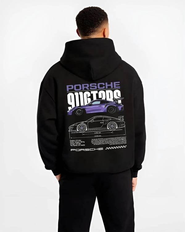 Black hoodie worn by a male model, back view, featuring Porsche Taycan rs turbo turbocharged racing german tuner street graphic.
