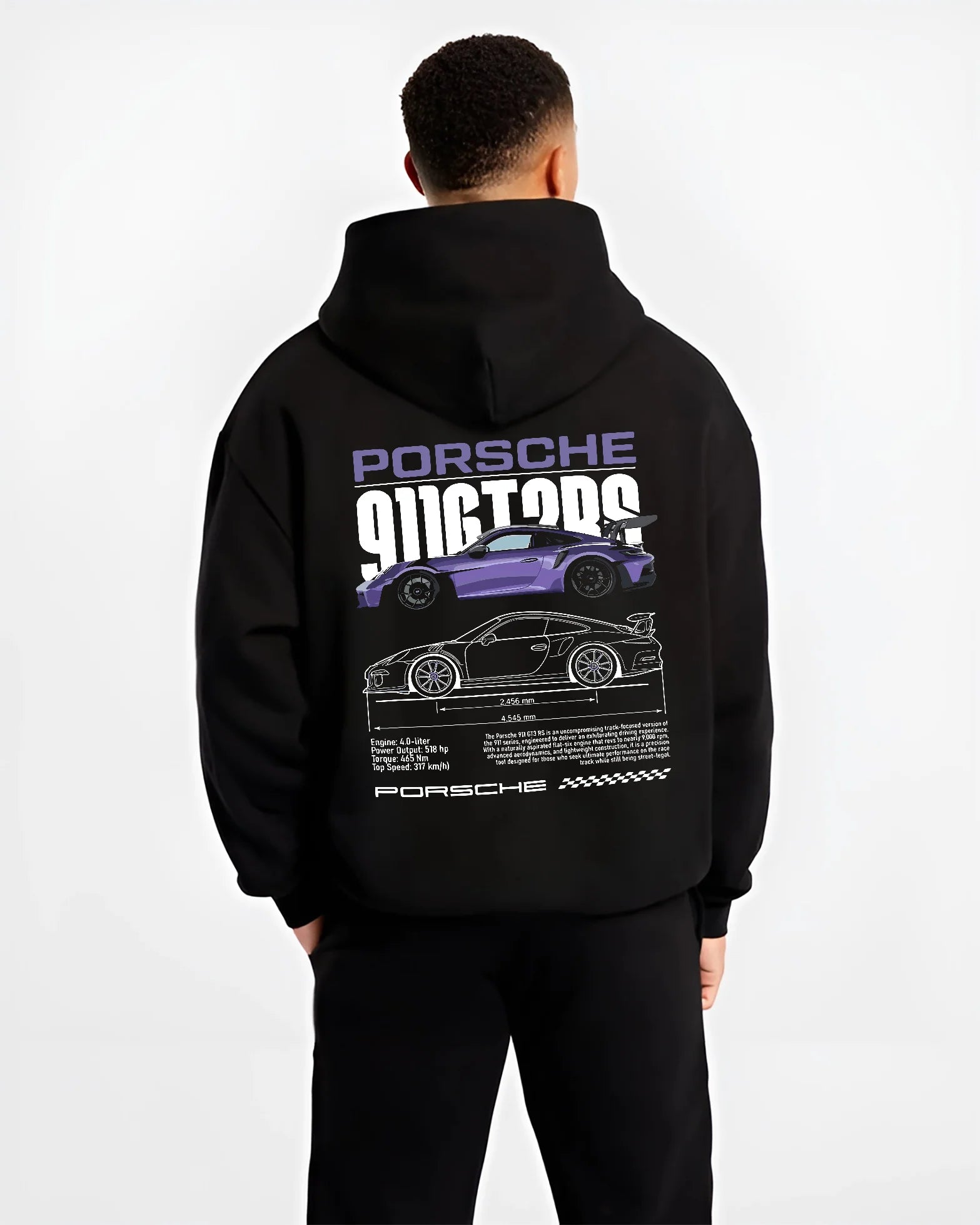 Black hoodie worn by a male model, back view, featuring Porsche Taycan rs turbo turbocharged racing german tuner street graphic.