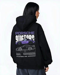 Black hoodie worn by a female model, back view, featuring Porsche Taycan rs turbo turbocharged racing german tuner street graphic.