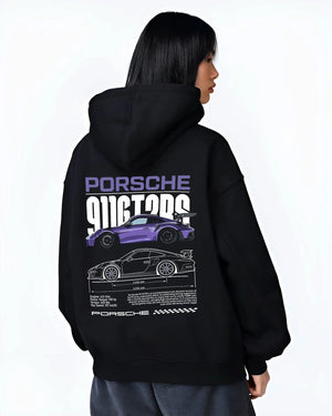 Black hoodie worn by a female model, back view, featuring Porsche Taycan rs turbo turbocharged racing german tuner street graphic.