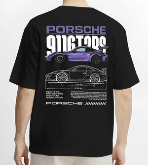 Black T-shirt worn by a male model, back view, featuring Porsche Taycan rs turbo turbocharged racing german tuner street graphic.