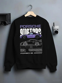Black crewneck sweatshirt on a hanger against a grey wall, featuring Porsche Taycan rs turbo turbocharged racing german graphic.