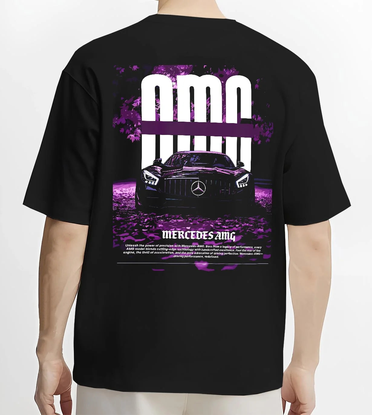 Black T-shirt worn by a male model, back view, featuring Mercedes-Benz AMG racing street enthusiast performance motorsport graphic.