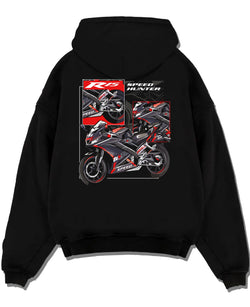 Black pullover hoodie laid flat on a white background, featuring Yamaha R1 racing street speed performance motorsport graphic.