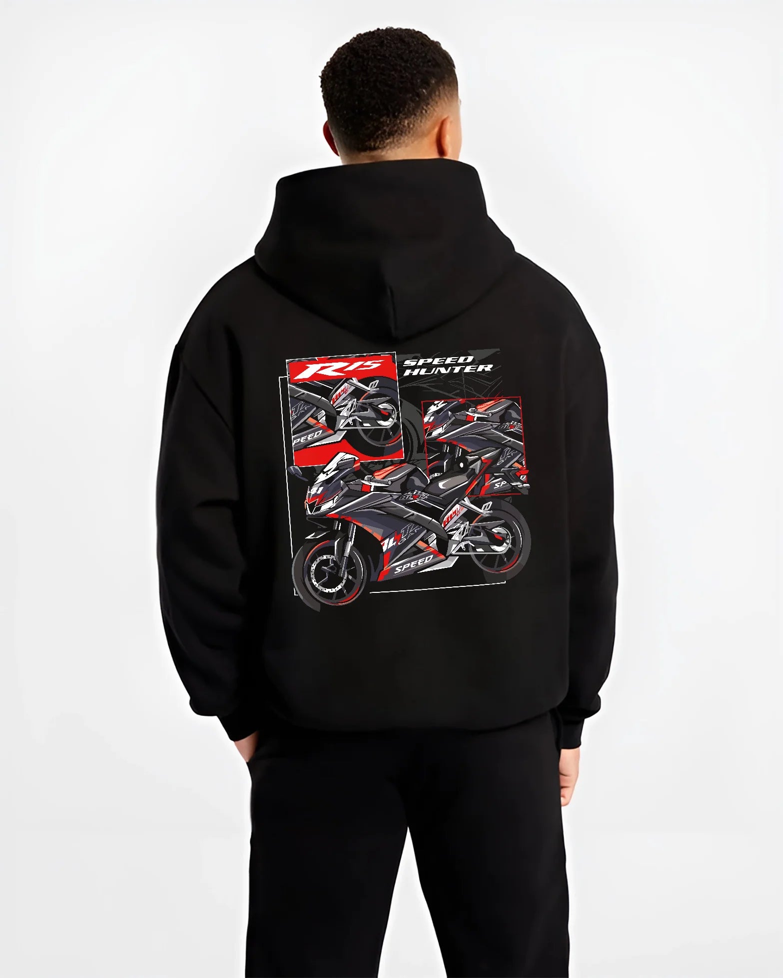 Black hoodie worn by a male model, back view, featuring Yamaha R1 racing street speed performance motorsport automotive graphic.