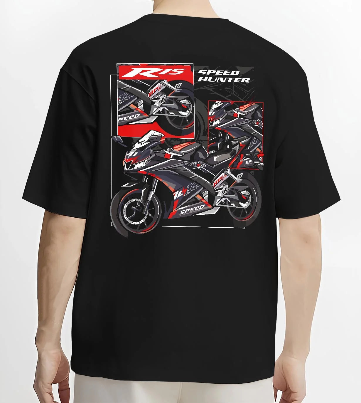 Black T-shirt worn by a male model, back view, featuring Yamaha R1 racing street speed performance motorsport automotive graphic.