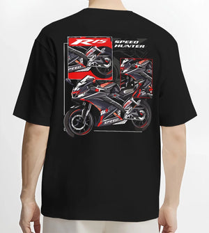 Black T-shirt worn by a male model, back view, featuring Yamaha R1 racing street speed performance motorsport automotive graphic.